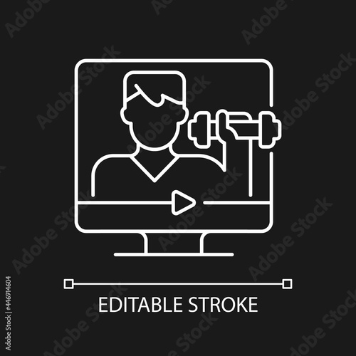 Online fitness coach white linear icon for dark theme. Professional virtual support. Thin line customizable illustration. Isolated vector contour symbol for night mode. Editable stroke