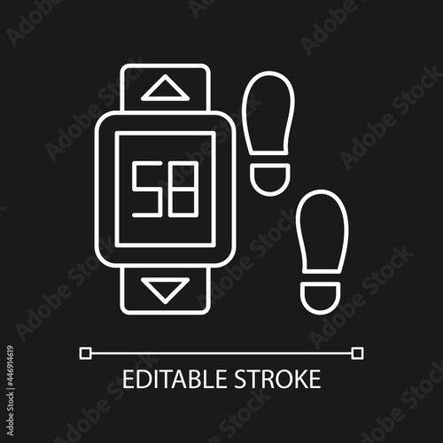 Online fitness pedometer device white linear icon for dark theme. Walking style. Step count display. Thin line customizable illustration. Isolated vector contour symbol for night mode. Editable stroke