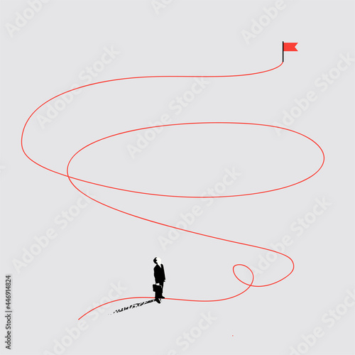 Business way or path or business strategy conceptual illustration with businessman silhouette and thin red line path to the flag as goal or aim. Minimalist vector illustration