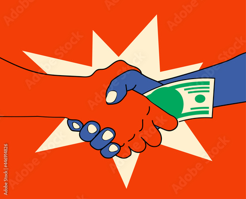 Corruption concept with shaking hands and transmitting banknote on red background. Vector illustration