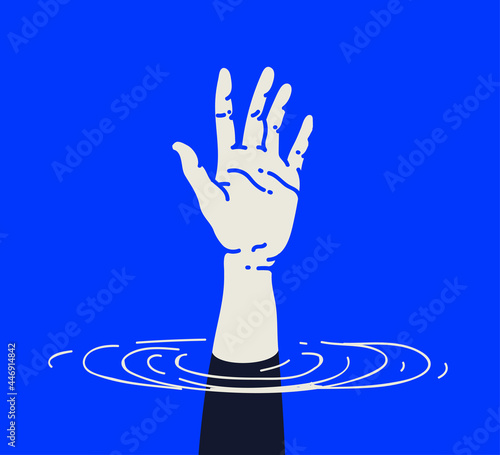 Outstretched drowning human hand, in need of urgent help or support. Crisis concept. Isolated on blue background. Vector illustration
