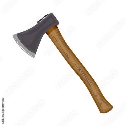 Axe isolated on white background. Metal ax with handle made of wood. Forester ax icon. Wooden hatchet. Element for woodworking, camping equipment or lumberjack symbol. Stock vector illustration