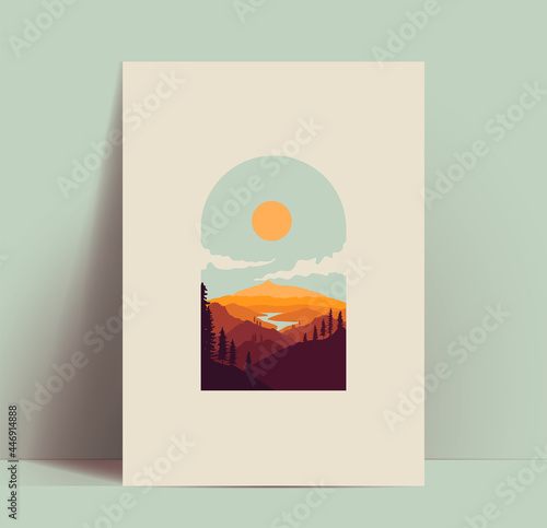 Mountains poster or card or banner design template with beautiful mountains landscape with sun in arch doorway silhouette. Vector illustration