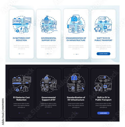 Electric car theme onboarding mobile app page screen. EV motives walkthrough 5 steps graphic instructions with concepts. UI, UX, GUI vector template with linear night mode illustrations