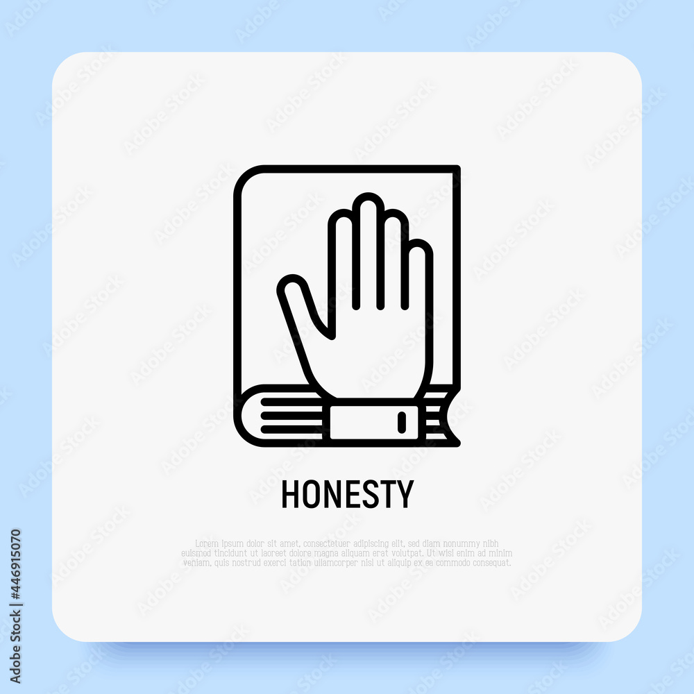 Honesty thin line icon. Oath: hand on bible or lawbook. Modern vector illustration. Honesty thin line icon. Oath: hand on bible or lawbook. Modern vector illustration.
