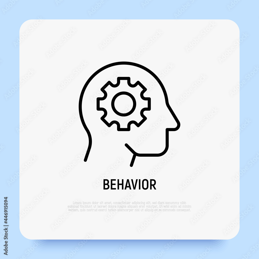Human behavior thin line icon. Psychotherapy, psychoanalysis. Objectivity, critical thinking, rationalization. Cogwheel in human head. Vector illustration. Human behavior thin line icon. Psychotherapy, psychoanalysis. Objectivity, critical thinking, rationalization. Cogwheel in human head. Vector illustration.
