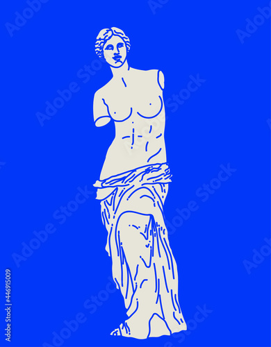 Linear flat sketch of antique statue of Venus de Milo in white color isolated on blue background. Vector illustration