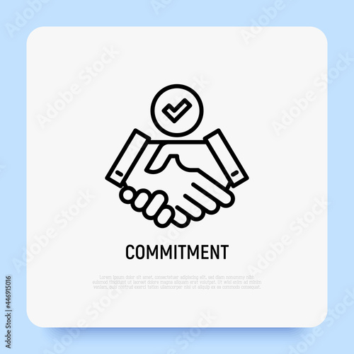 Commitment, approved, partnership, collaboration, resolution thin line icon. Handshake with tick. Vector illustration.