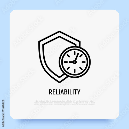 Reliability, time-tested thin line icon. Shield with clock. Symbol of support. Vector illustration.