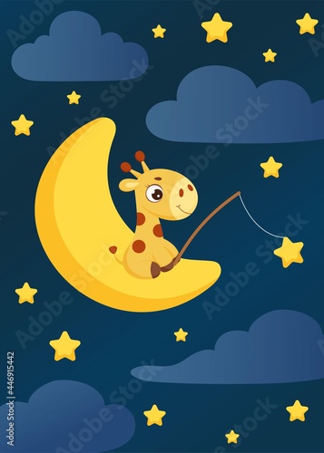 Cute little giraffe sitting on moon with fishing rod catches stars. Cartoon character for kids room decoration  nursery art  birthday party  baby shower. Bright colored stock vector illustration
