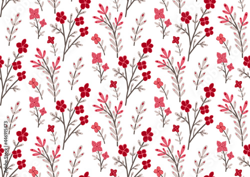 Seamless pattern with small pink flowers on branches on a white background. Natural texture with sakura branches. Vector floral wallpaper. Delicate fabric with hand drawn cartoon agrostemma