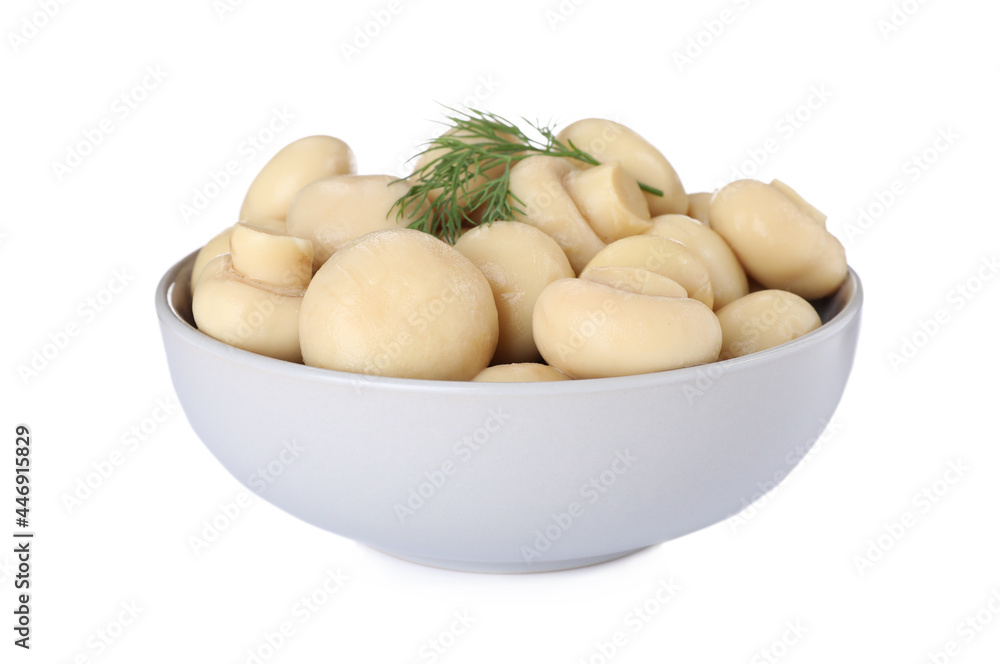 Tasty marinated mushrooms in bowl isolated on white Tasty marinated mushrooms in bowl isolated on white