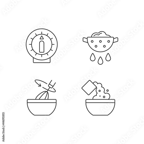 Food preparation linear icons set. itchen timer. Drain excess water or oil. Stir with whisk. Recipe step. Customizable thin line symbols. Isolated vector outline illustrations. Editable stroke