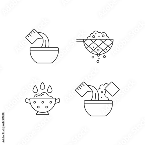 Food preparation instruction linear icons set. Sift ingredient. Rinsing rice. Cooking process steps. Customizable thin line contour symbols. Isolated vector outline illustrations. Editable stroke