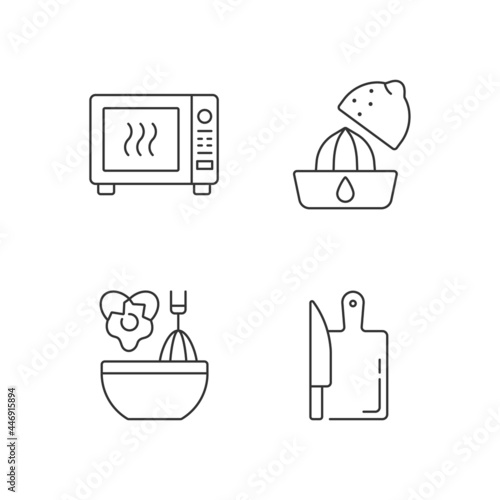 Food recipe linear icons set. Squeeze lemon. Microwave roasting. Cutting board. Cooking instruction. Customizable thin line contour symbols. Isolated vector outline illustrations. Editable stroke