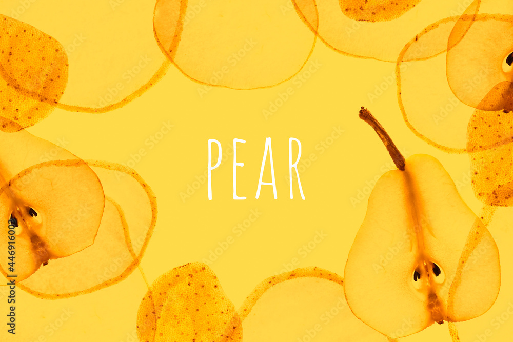 Thin transparent pear slices lie like a frame on a yellow background. Sliced fruit and white text. Juicy pieces with bones as a background for a culinary or farm postcard.