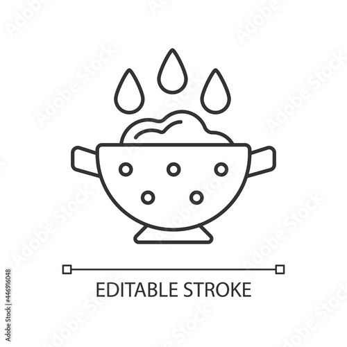 Rinse cooking ingredient linear icon. Wash rice on bowl with holes. Soaking product. Thin line customizable illustration. Contour symbol. Vector isolated outline drawing. Editable stroke