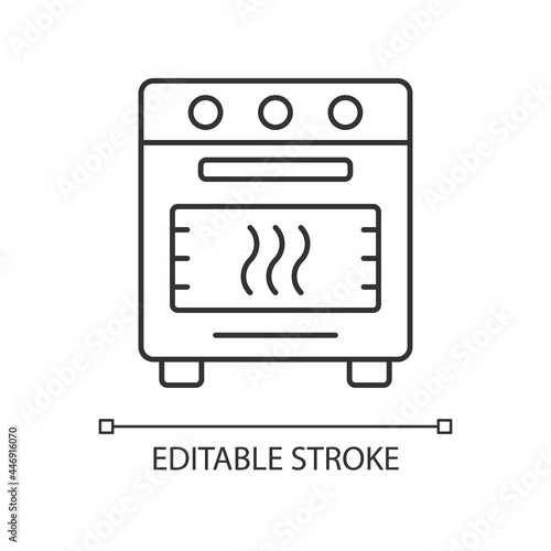 Bake in oven linear icon. Domestic cooker. Roasting meal in household stove. Cooking instruction. Thin line customizable illustration. Contour symbol. Vector isolated outline drawing. Editable stroke