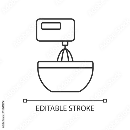 Mixer linear icon. Beating mixture step in cooking instruction. Stir ingredients with blender. Thin line customizable illustration. Contour symbol. Vector isolated outline drawing. Editable stroke