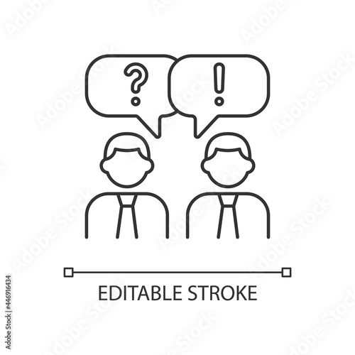 Communication linear icon. People talking. Verbal and nonverbal communication. Small talk. Thin line customizable illustration. Contour symbol. Vector isolated outline drawing. Editable stroke