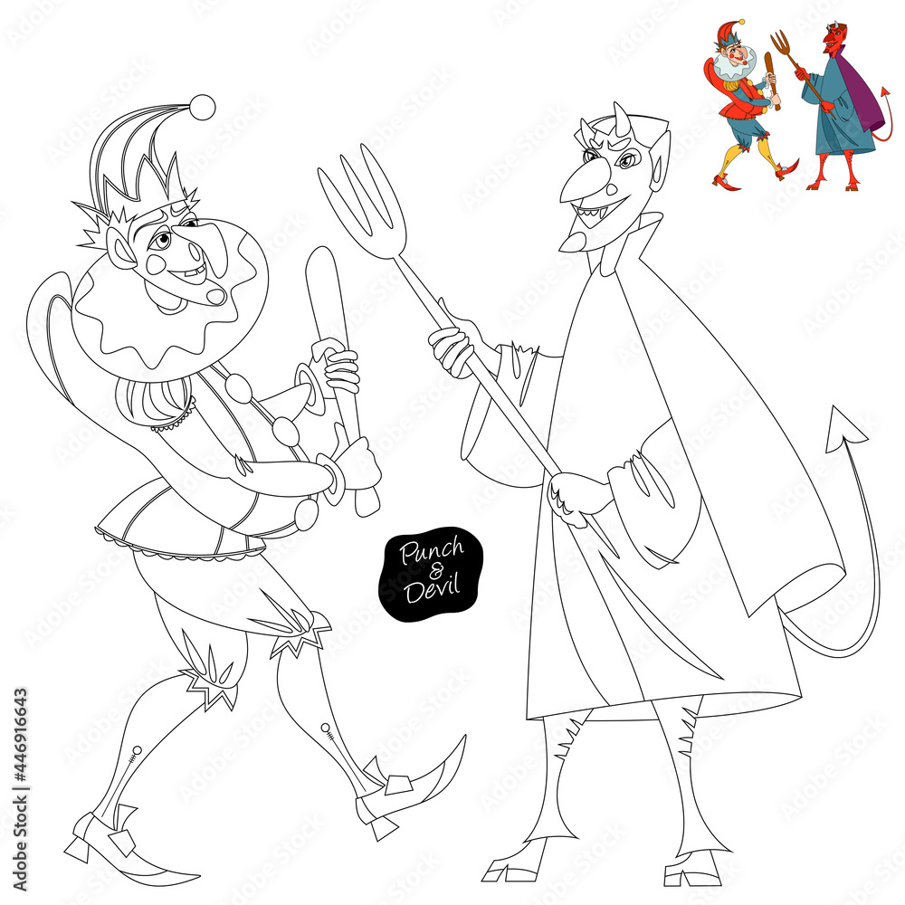 Traditional puppet show featuring Mr. Punch. Punch and the Devil. Coloring page. Traditional puppet show featuring Mr. Punch. Punch and the Devil. Coloring page.
