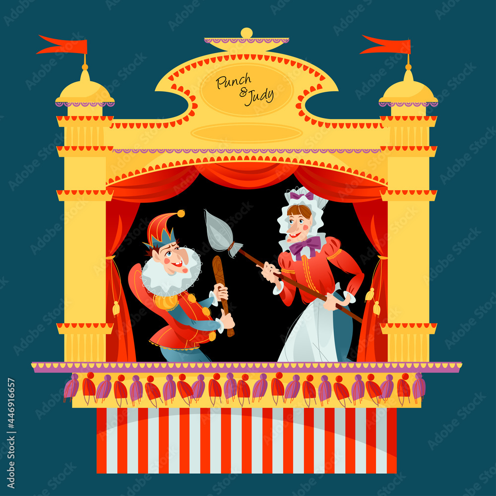 Traditional puppet show featuring Mr. Punch and his wife Judy. Stock Vector | Adobe Stock Traditional puppet show featuring Mr. Punch and his wife Judy. Stock Vector | Adobe Stock