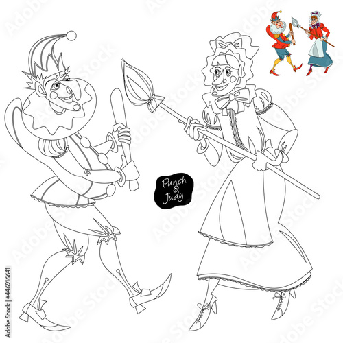 Traditional puppet show featuring Mr. Punch and his wife Judy. Coloring page.