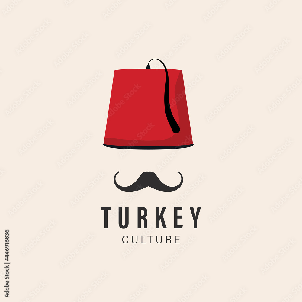 Red turkish culture hat fez and black mustache vector isolated turkish symbols logo inspiration concept. vector illustration - obrazy, fototapety, plakaty 