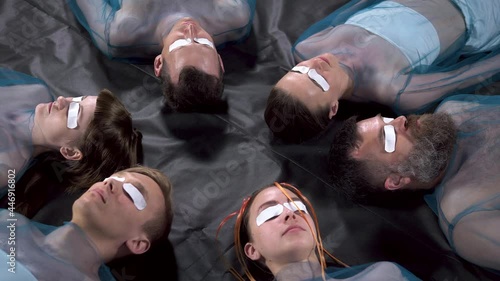 Video about lying men and women with band aids on eyes