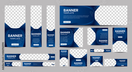 Gradient Blue Banner templates set with standard size for web. Business banner with place for photos for Social Media, Cover ads banner, flyer, invitation card. Vector EPS 10
