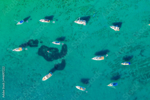 Aerial view of the yachts and sailing boats near Ist island, the Adriatic Sea in Croatia