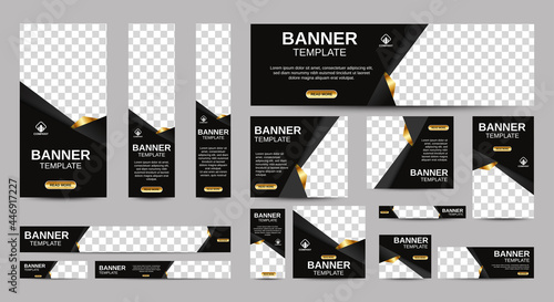 Black and gold Banner templates set with standard size for web. Business banner with place for photos for Social Media, Cover ads banner, flyer, invitation card. Vector EPS 10