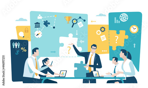 Presentation. Course. Finding a solution. Manager holds missing puzzle element. Business vector illustration.