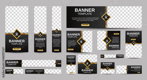 Black and gold Banner templates set with standard size for web. Business banner with place for photos for Social Media, Cover ads banner, flyer, invitation card. Vector EPS 10
