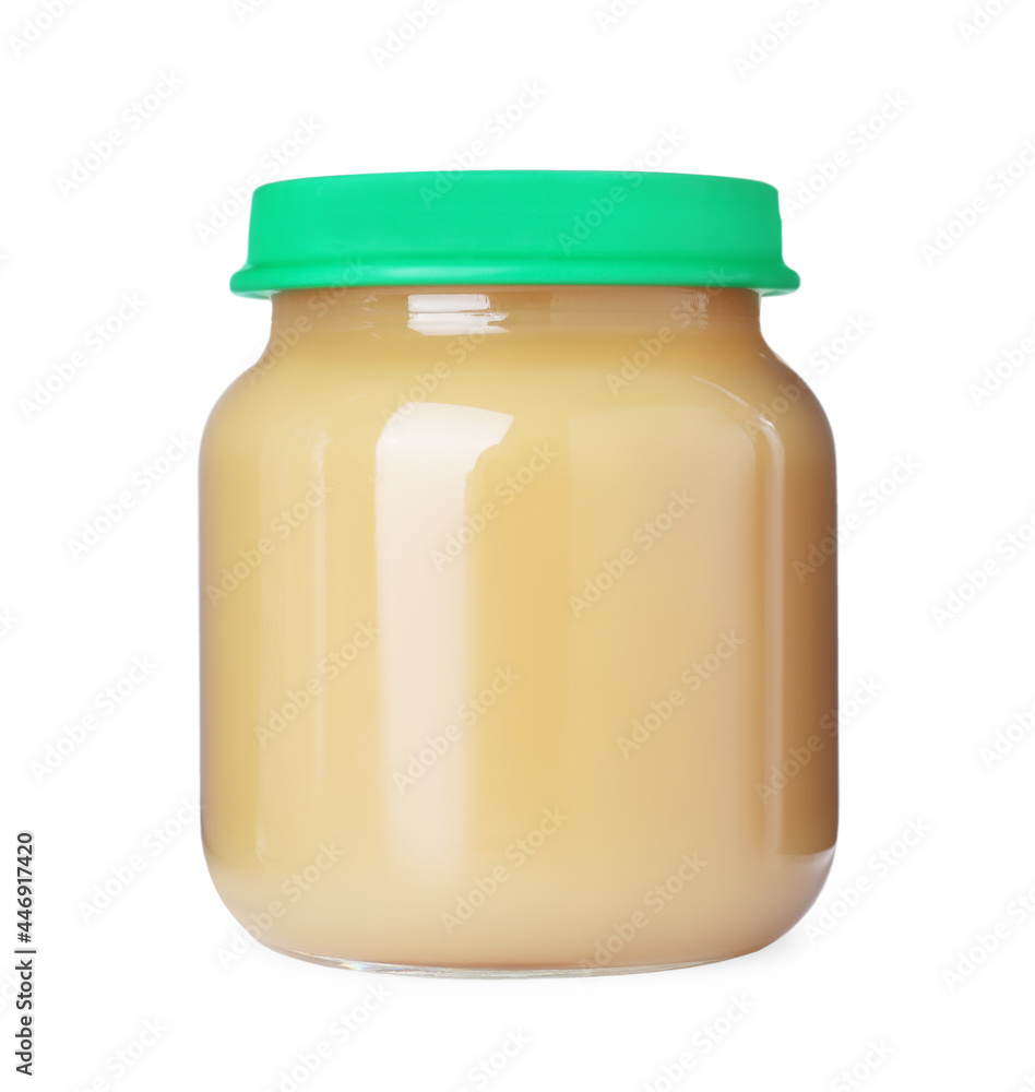 Baby food in glass jar on white background Baby food in glass jar on white background