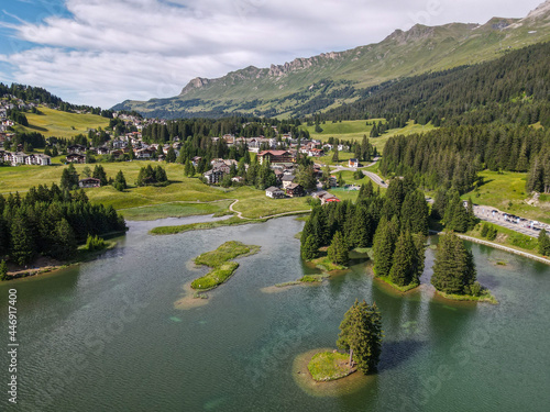 Drone view of the lake at Valbella in the Swiss alps