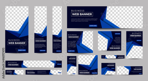 Gradient Blue Banner templates set with standard size for web. Business banner with place for photos for Social Media, Cover ads banner, flyer, invitation card. Vector EPS 10