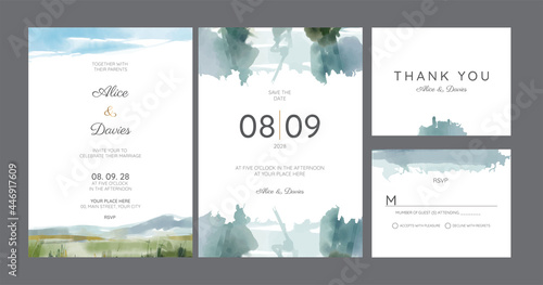 wedding invitations, watercolor mountains, forest and rivers.	