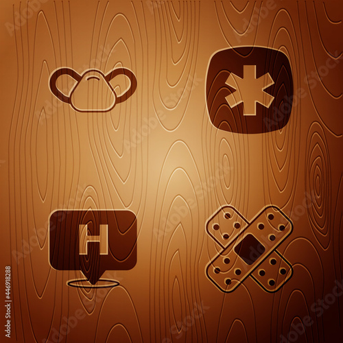 Set Crossed bandage plaster, Medical protective mask, Location hospital and Emergency - Star of Life on wooden background. Vector