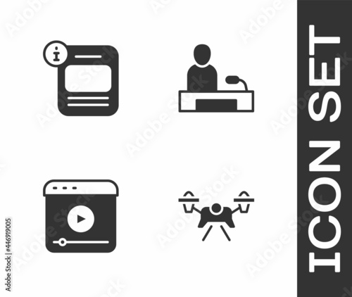 Set Drone, Information, Live stream and Television report icon. Vector
