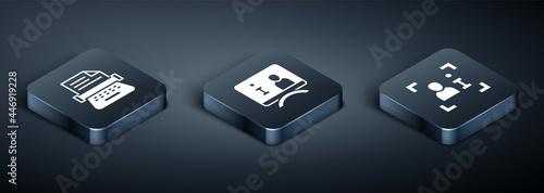 Set Isometric Retro typewriter, Television report and icon. Vector