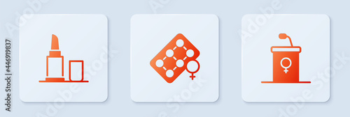 Set Packaging of birth control pills, Lipstick and Debate podium rostrum. White square button. Vector