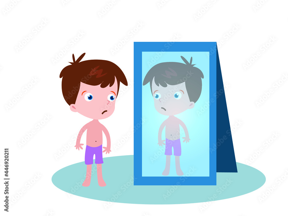 Boy looking at his reflection in the mirror 2D cartoon concept for banner, website, illustration, landing page, flyer, etc. Boy looking at his reflection in the mirror 2D cartoon concept for banner, website, illustration, landing page, flyer, etc.