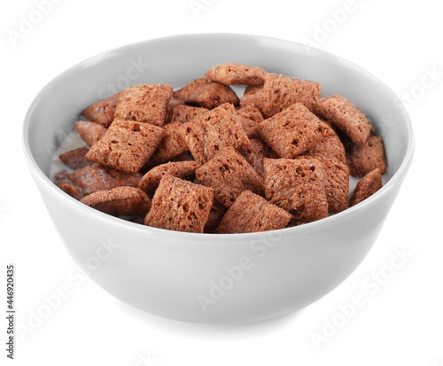 Obraz na plátně Tasty corn pads with milk in bowl isolated on white