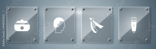 Set Hair clipper, Straight razor, Hairstyle for men and Gel wax hair styling. Square glass panels. Vector