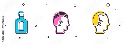 Set Bottle of shampoo, Hairstyle for men and Baldness icon. Vector