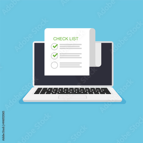 Check mark on the pages on laptop monitor. To do list concept. Vector illustration in trendy flat style. Front view.