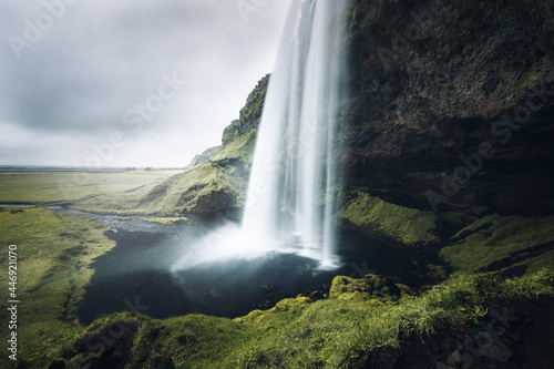 Atmospheric  moody view of Seljalandsfoss waterfall. Southern Iceland.