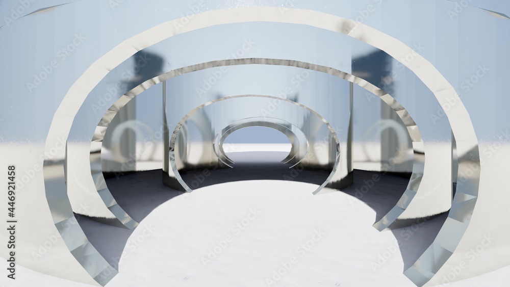 Fototapeta premium Interior architecture background metal walls with round openings 3d render