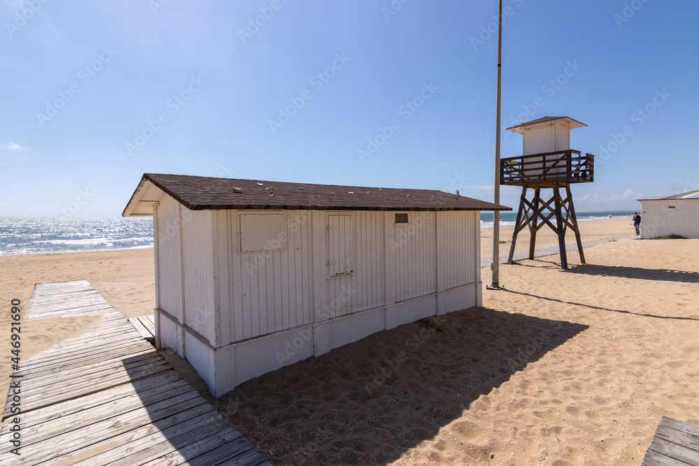 the wooden hut of the beach lifeguards. Punta Umbria, Huelva, Spain